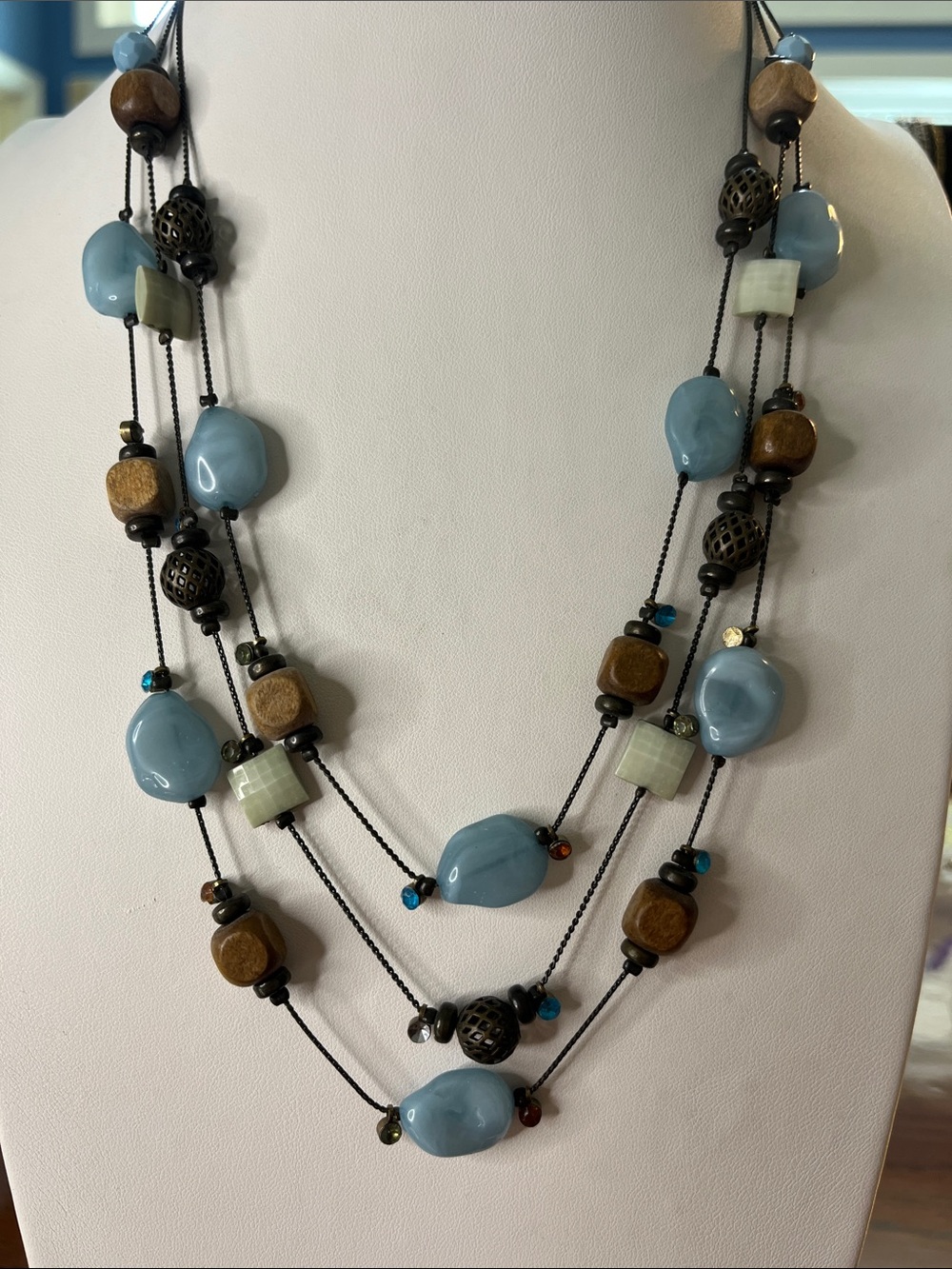 10/$10 Multi-Strand Blue Bead & Wood Necklace